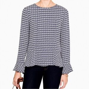 Womens Banana Republic Navy Blue Pattern Bell Cuff Peplum Long Sleeve Blouse NWT
